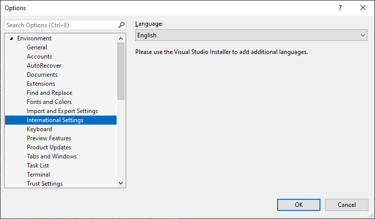 Visual Studio International Settings